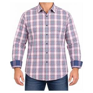 Tasso Elba Shirt Mens 17 XL Pink Blue White Long Sleeve Cotton Plaid Flip Cuffs